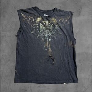 Choppers‎ Mens Black Sleeveless Graphic T Shirt Skull Wings Cross Tattered